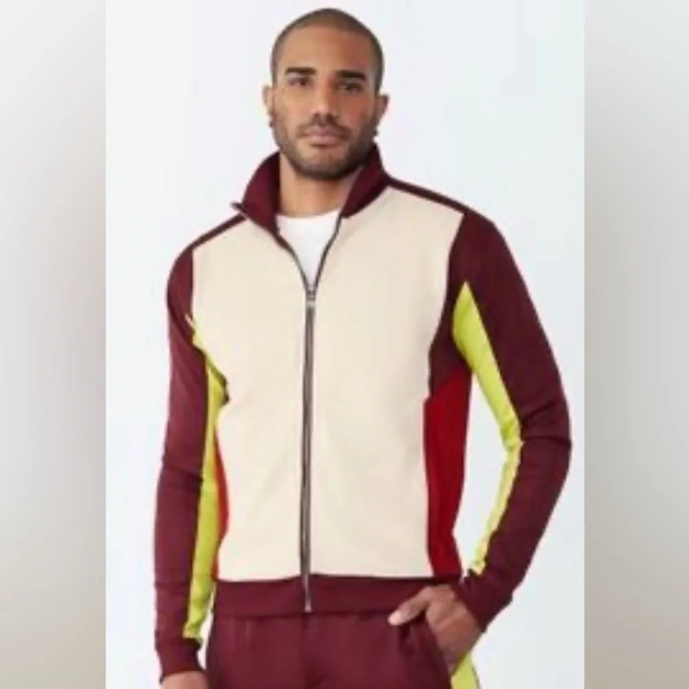 NWT GSTQ Men’s Colorblock Knit Zip-Up Jacket Cream Maroon Bright Yellow - L